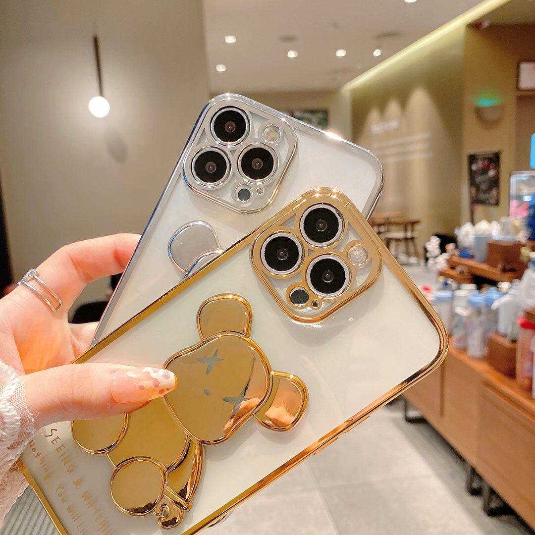 For iPhone 12 11 13 Pro Max X XR XS Max 7 8 Plus SE 2020 Fashion Cartoon Cover Luxury cute Violent Bear Plating Clear Phone Case