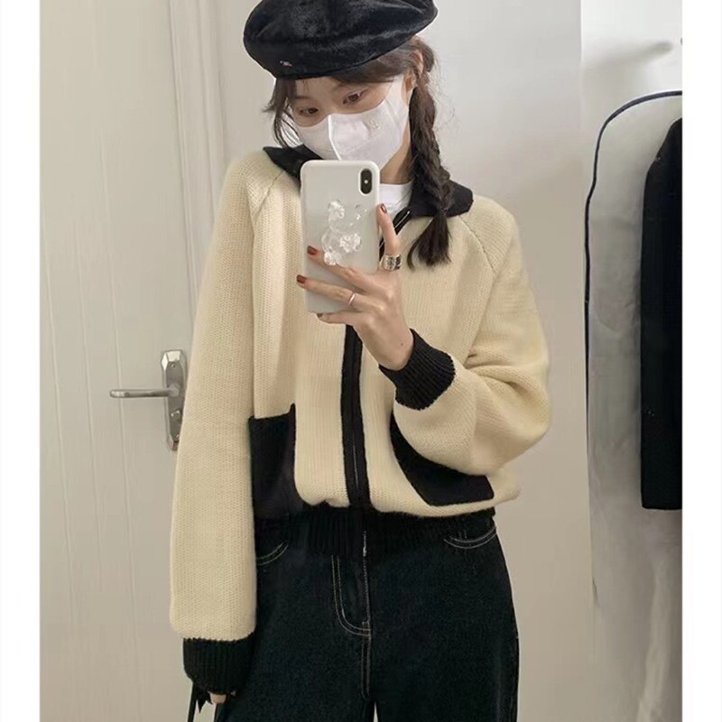 Fashion age-reducing lapel short wool knit zipper cardigan women fall winter loose slimming patchwork sweater coat