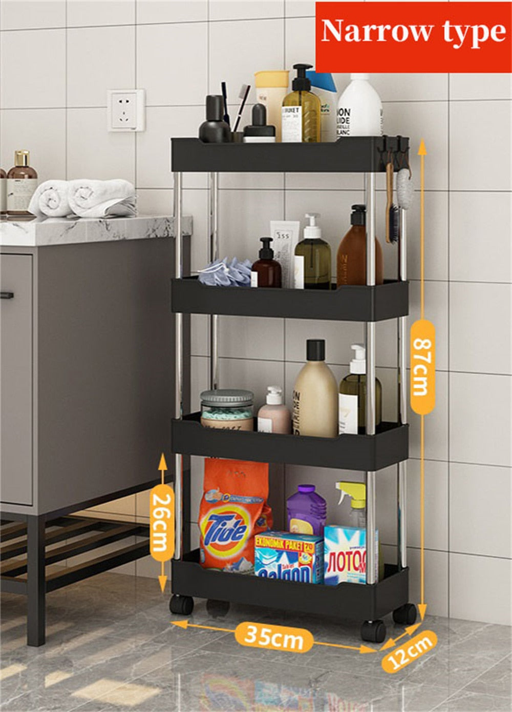 3/4 Tier Rolling Utility Cart Storage Shelf Movable Gap Storage Rack Kitchen Bathroom Slim Slide Organizer Shelf Livingroom Rack