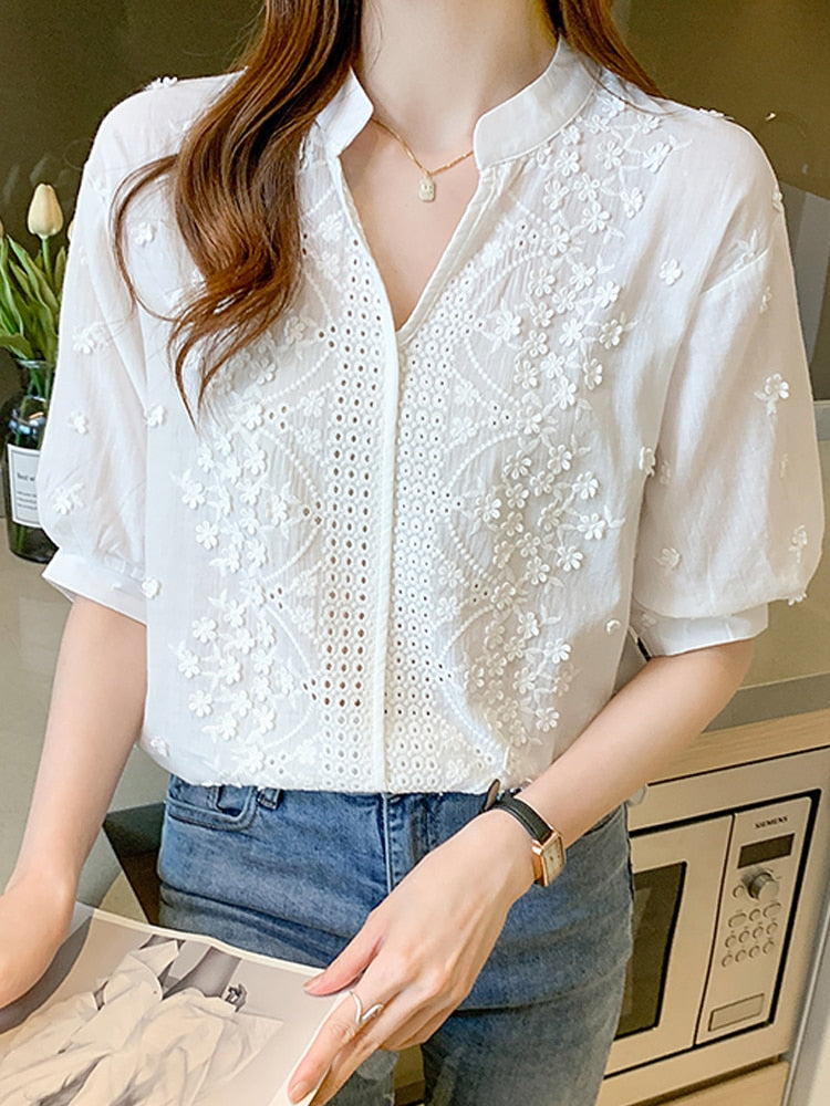 Summer Blouse Women V-Neck Lace White Blouse Shirt Women Tops Blusas Mujer De Moda 2022 Verano Blouses Femme Women Shirts F428