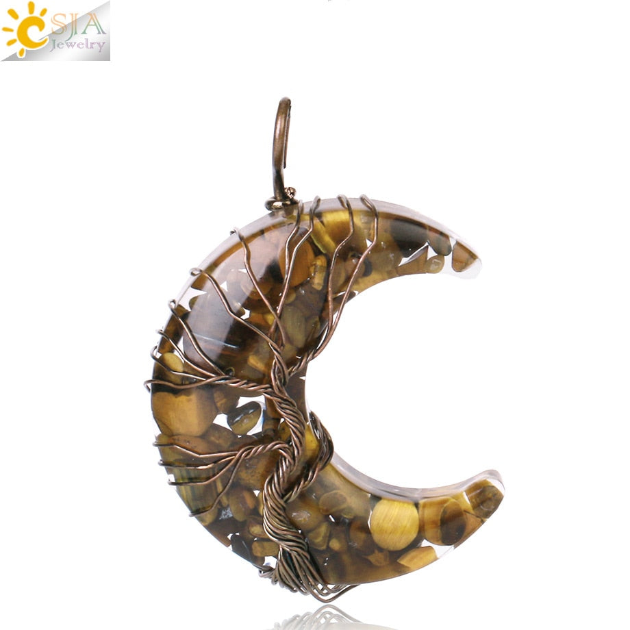 7 Chakras Tree of Life Necklace Wire Wrap Crescent Moons Crystal Pendants Chip Quartz Natural Stone Resin Stainless Steel G931