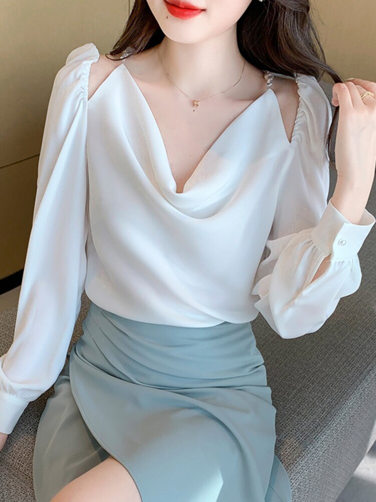 Long Sleeve Blouse Women Blusas Mujer De Moda 2022 Beading V-Neck White Chiffon Blouse Shirt Women Tops Blouses Shirts B76