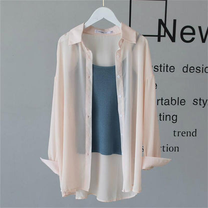 Chiffon Blouse Cool Transparent Drape Sunscreen Shirt Women's Summer Breathable Shirt Sunshade Cover Buttocks Thin Shirt Coat