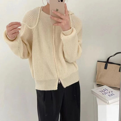 double zipper hooded knitted cashmere cardigan women's autumn winter loose sweater short style hoodie casual wool coat