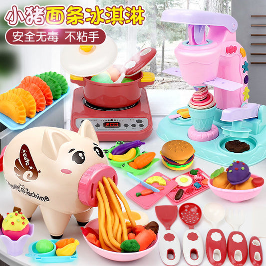 Children&#39;s Pretend Play Piggy Noodle Machine Family Play House Toy Set Colored Clay Plasticine Ice Cream Machine Mold Toys Gift