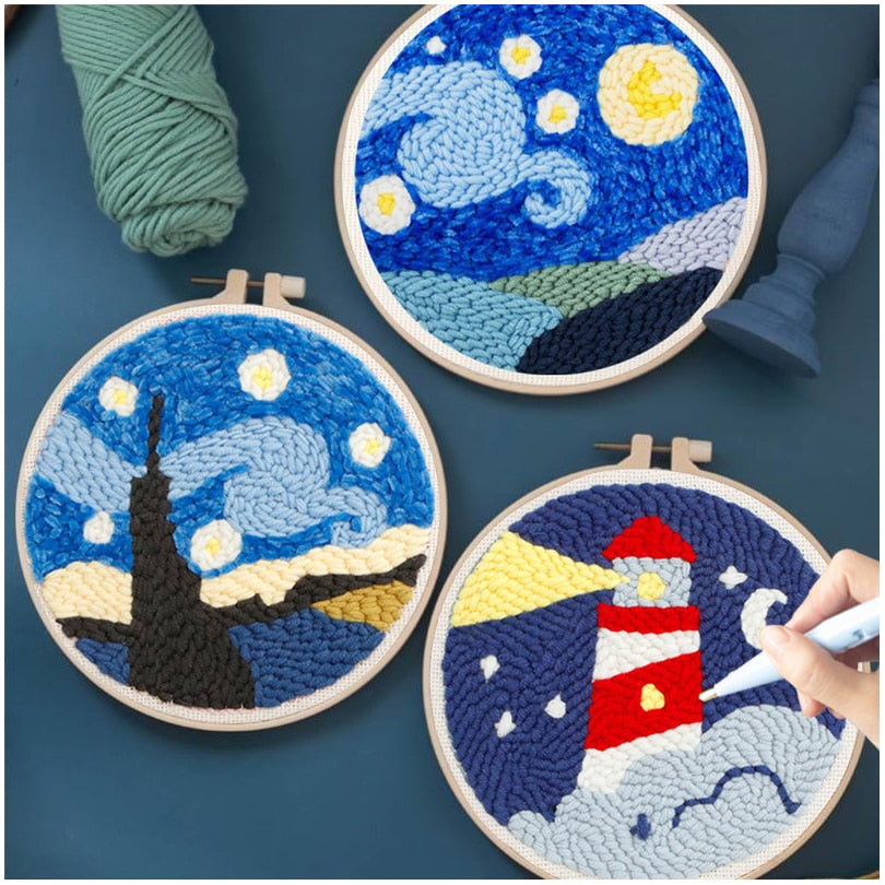 Punch Poke Needle Embroidery Kit  Scenery Starry Sky Adult Kids Children Funny Easy DIY Play Cross Stitch Set For Beginner