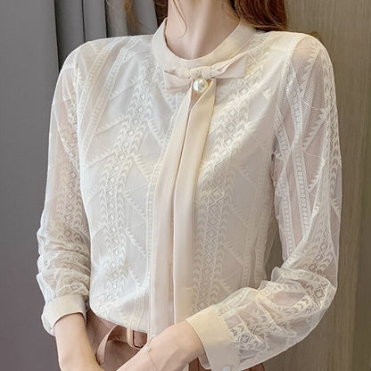 Long Sleeve Women Blouses Shirts Blouse Women Blusas Mujer De Moda 2021 Stand Collar Lace Blouse Shirt Women Tops Blusa D495