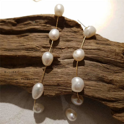 Peri'sBox Long Thread Natural Freshwater Pearl Earrings Beaded Pearl Tassel Earrings for Women Elegant Minimalist Jewelry 2020