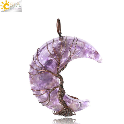 7 Chakras Tree of Life Necklace Wire Wrap Crescent Moons Crystal Pendants Chip Quartz Natural Stone Resin Stainless Steel G931