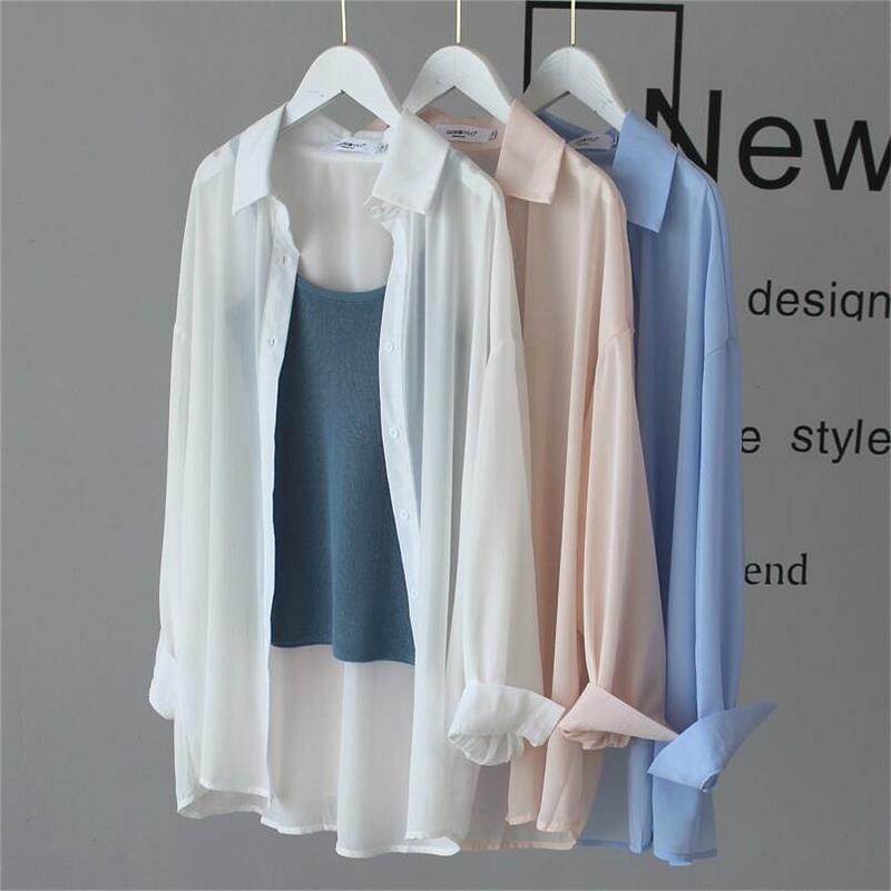 Chiffon Blouse Cool Transparent Drape Sunscreen Shirt Women's Summer Breathable Shirt Sunshade Cover Buttocks Thin Shirt Coat