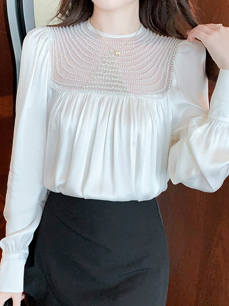 Spring Long Sleeve Beading O-Neck Chiffon Blouse Shirt Women Tops Blusas Mujer De Moda 2021 Blouse Women Blouses Femme Top D476