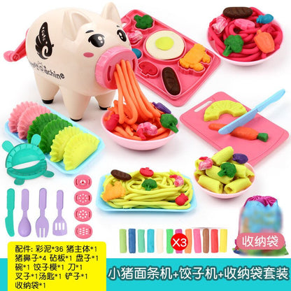 Children&#39;s Pretend Play Piggy Noodle Machine Family Play House Toy Set Colored Clay Plasticine Ice Cream Machine Mold Toys Gift