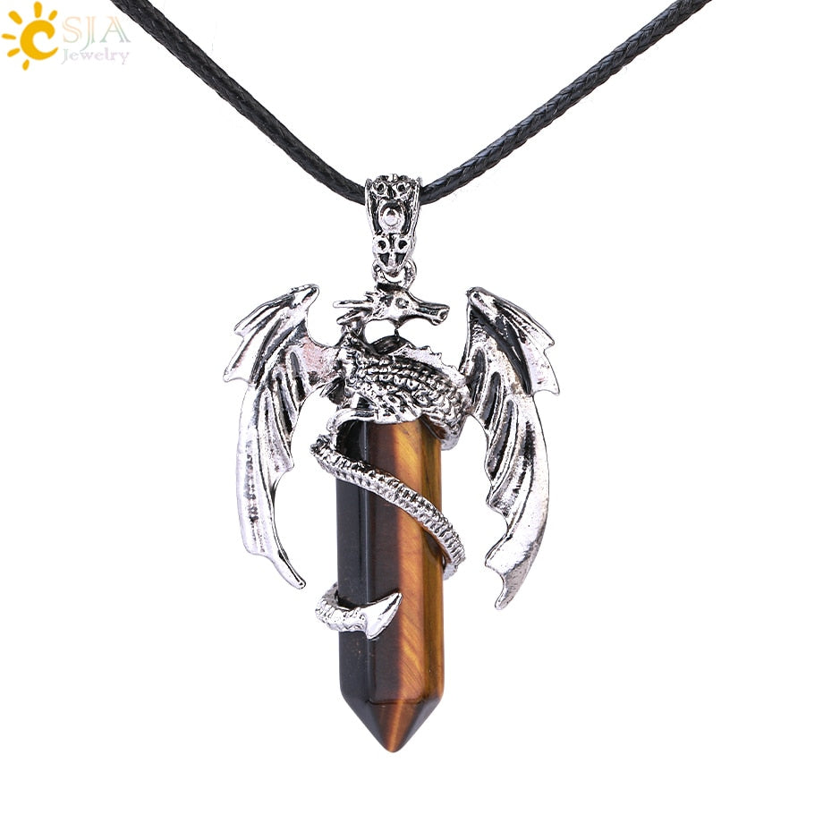 CSJA Animal Dragon Man Necklace Natural Gem Stone Healing Pink Quartz Hexagonal Crystal Pendant Vintage Jewelry for Women H012