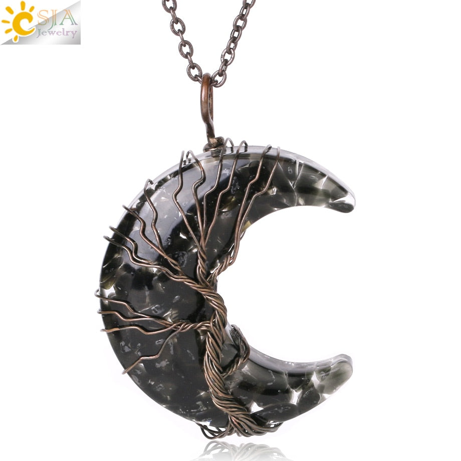 7 Chakras Tree of Life Necklace Wire Wrap Crescent Moons Crystal Pendants Chip Quartz Natural Stone Resin Stainless Steel G931