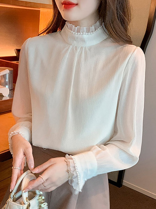 Spring Long Sleeve Blouse Women Blusas Mujer De Moda 2022 Stand Collar Chiffon Blouse Shirt Women Tops Blouses Femme Blusa E85