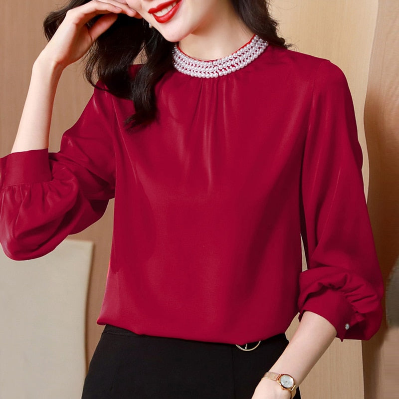 Blusas Mujer De Moda 2022 Beading Stand Collar Blouse Shirt Long Sleeve Red Chiffon Blouse Women Blouses Women Tops Shirts F378