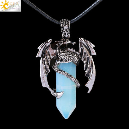 CSJA Animal Dragon Man Necklace Natural Gem Stone Healing Pink Quartz Hexagonal Crystal Pendant Vintage Jewelry for Women H012