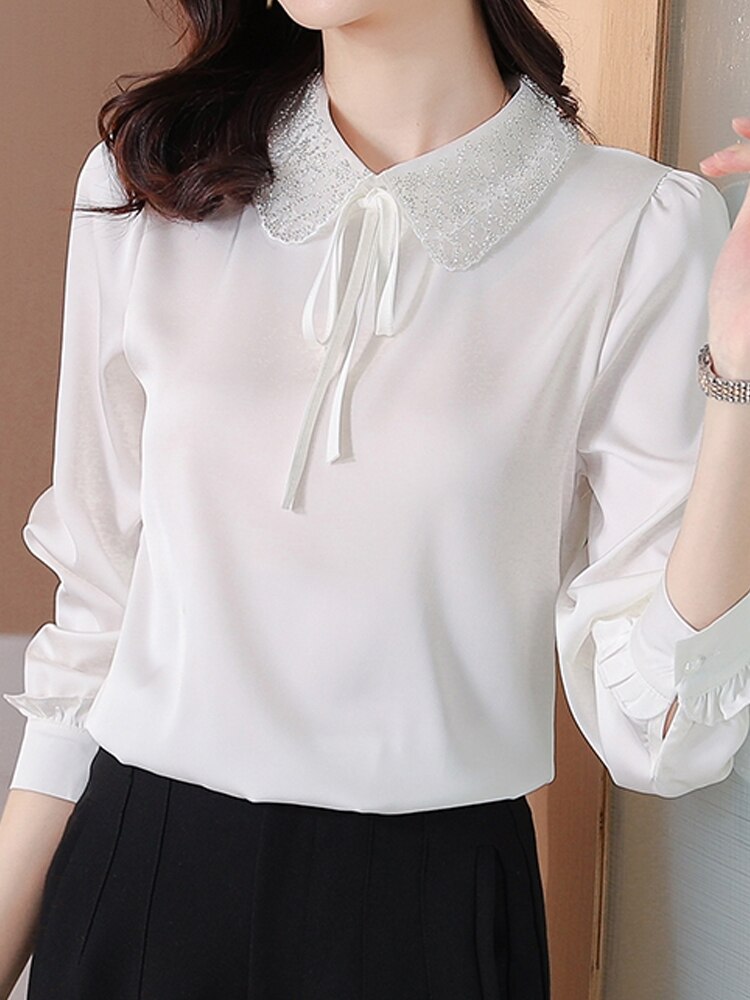 Long Sleeve Blouse Women Beading White Chiffon Blouse Shirt Women Tops Blusas Mujer De Moda 2022 Blouses Femme Women Shirts F470