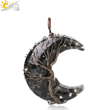 7 Chakras Tree of Life Necklace Wire Wrap Crescent Moons Crystal Pendants Chip Quartz Natural Stone Resin Stainless Steel G931