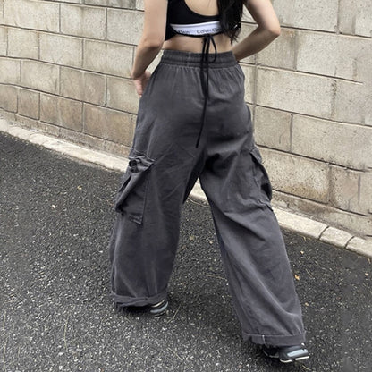 Harajuku Big Pocket Baggy Cargo Pants Women Wide Leg Drawstring Elastic Sweatpants Y2K Korean Streetwear Gray Casual Trousers