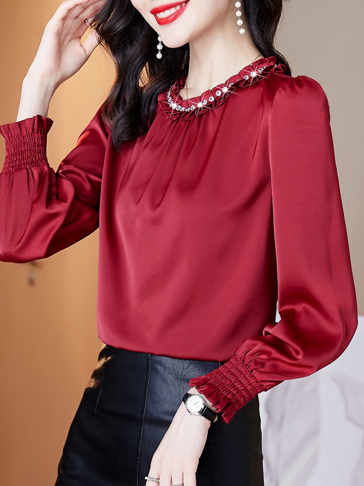 Long Sleeve Blouse Women Beading O-Neck Chiffon Blouse Shirt Women Tops Blusas Mujer De Moda 2022 Blouses Femme Shirts E928