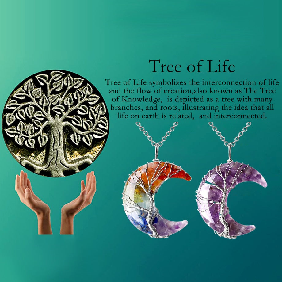 7 Chakras Tree of Life Necklace Wire Wrap Crescent Moons Crystal Pendants Chip Quartz Natural Stone Resin Stainless Steel G931