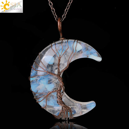 7 Chakras Tree of Life Necklace Wire Wrap Crescent Moons Crystal Pendants Chip Quartz Natural Stone Resin Stainless Steel G931