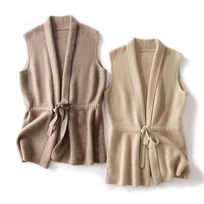 Temperament V neck waistband pure wool woman sweater cardigan sleeveless sweater loose clip languid lazy 100 wear vest