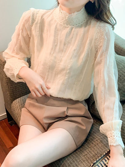 Spring Long Sleeve Blouse Women Stand Collar Lace Blouse Shirt Women Tops Blusas Mujer De Moda 2022 Blouses Femme Shirts F347