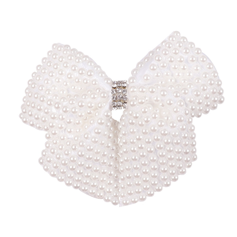 White Pearl Hair Bows With Hair Clips For Girls Kids Boutique Layers Bling Rhinestone Center Bows Hairpins Hair Accessories