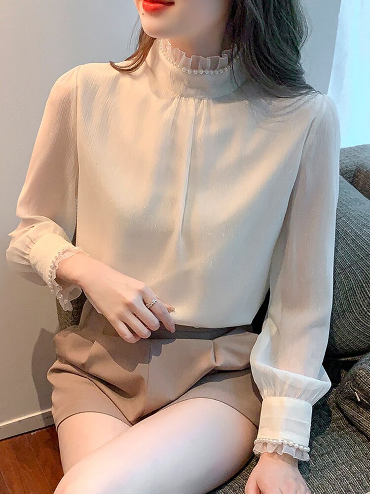 Spring Long Sleeve Blouse Women Blusas Mujer De Moda 2022 Stand Collar Chiffon Blouse Shirt Women Tops Blouses Femme Blusa E85