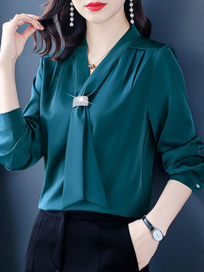 Spring Long Sleeve Blouse Women Blusas Mujer De Moda 2021 Blouses Femme Shirts Bow V-Neck Chiffon Blouse Shirt Women Tops D412