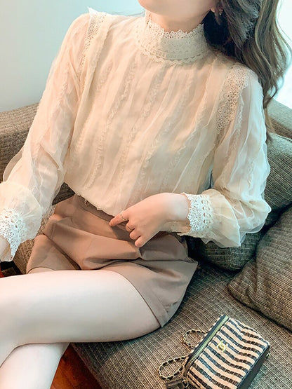 Spring Long Sleeve Blouse Women Stand Collar Lace Blouse Shirt Women Tops Blusas Mujer De Moda 2022 Blouses Femme Shirts F347