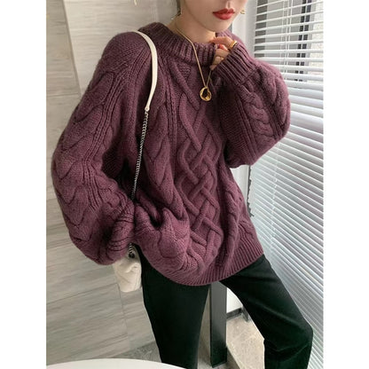 version of loose languid lazy wind twisted flower thickened woolen knit woman autumn winter round neck long pullover sweater