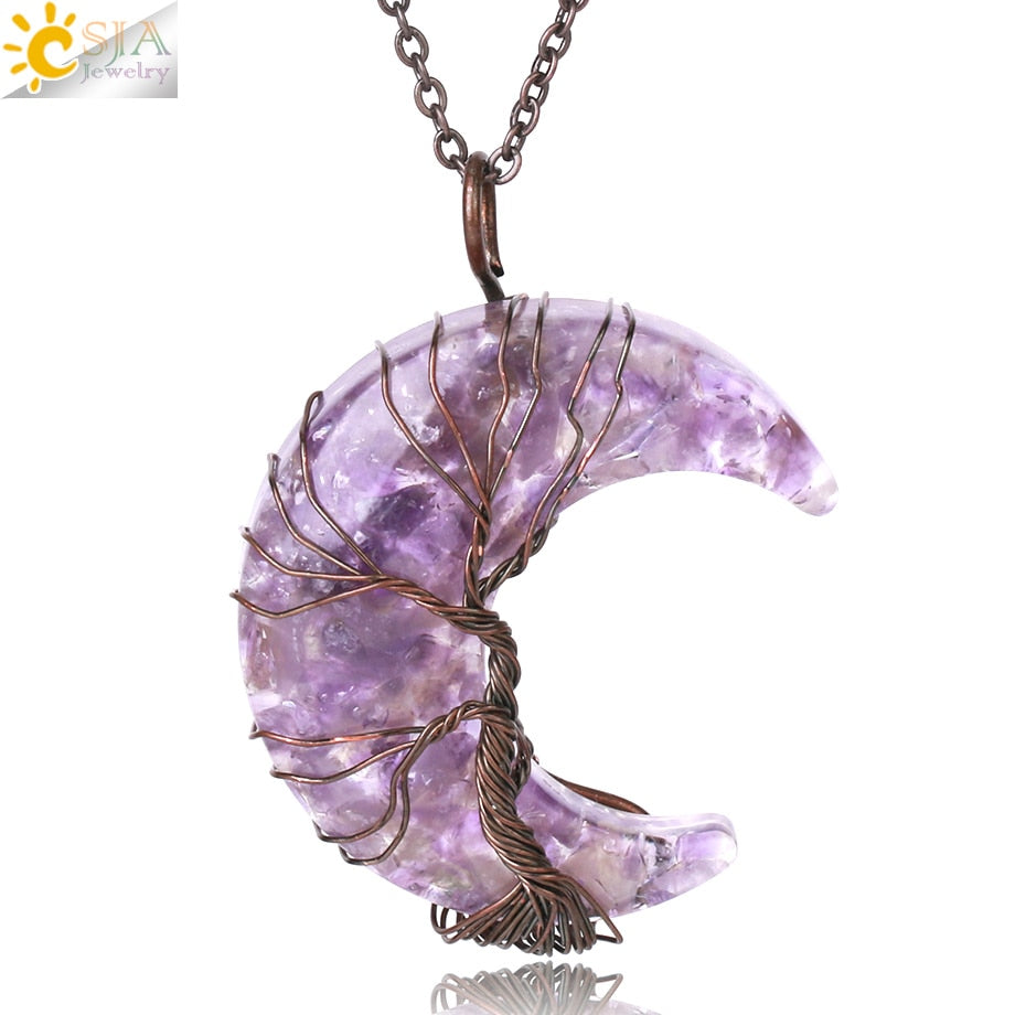 7 Chakras Tree of Life Necklace Wire Wrap Crescent Moons Crystal Pendants Chip Quartz Natural Stone Resin Stainless Steel G931