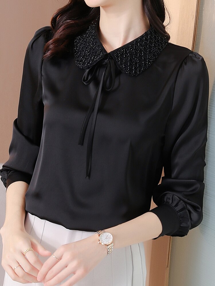 Long Sleeve Blouse Women Beading White Chiffon Blouse Shirt Women Tops Blusas Mujer De Moda 2022 Blouses Femme Women Shirts F470