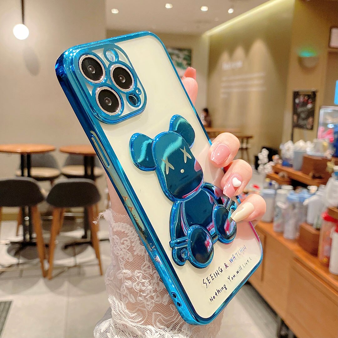 For iPhone 12 11 13 Pro Max X XR XS Max 7 8 Plus SE 2020 Fashion Cartoon Cover Luxury cute Violent Bear Plating Clear Phone Case