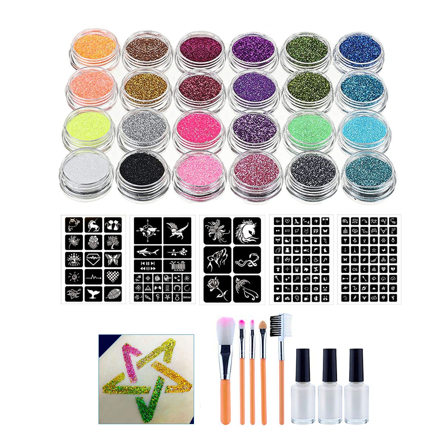 Diamond Glitter Tattoo Set Temporary Tattoo Kit 24 Glitter Colors Templates Body Nail Glitter Art Paint Party Tattoo Makeup