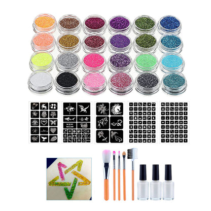 Diamond Glitter Tattoo Set Temporary Tattoo Kit 24 Glitter Colors Templates Body Nail Glitter Art Paint Party Tattoo Makeup