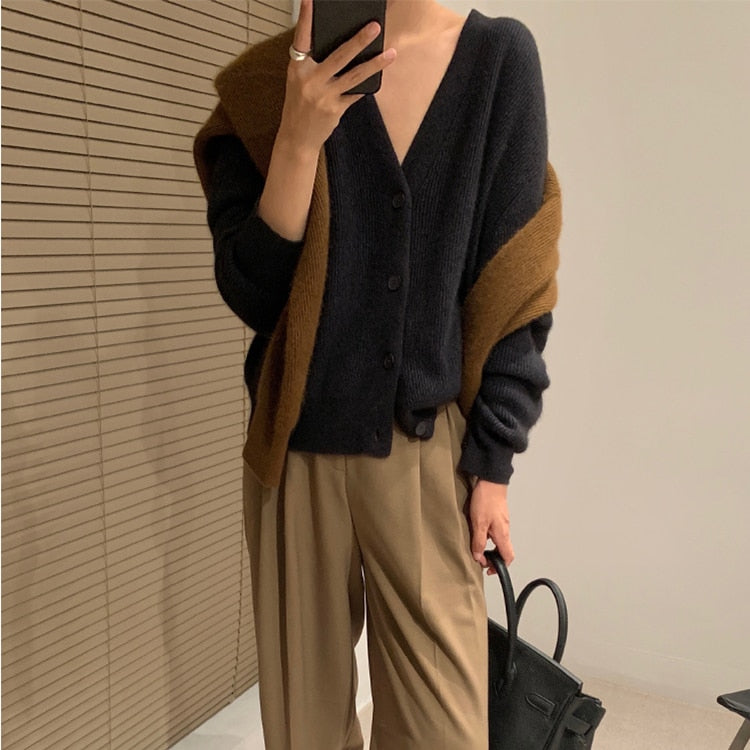 Autumn winter new cashmere cardigan women V-neck Korean blouse with loose languid sweater solid color coat