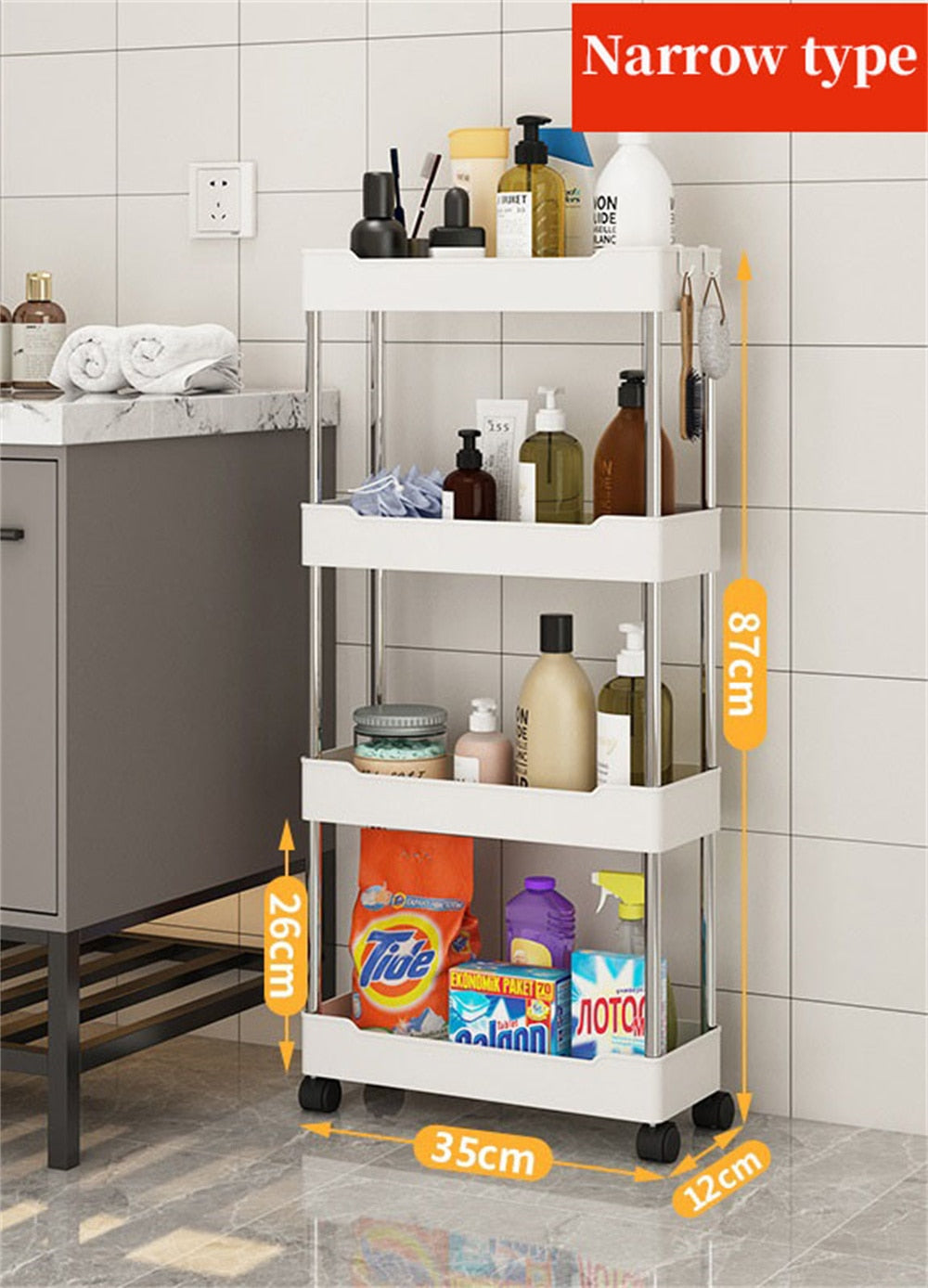 3/4 Tier Rolling Utility Cart Storage Shelf Movable Gap Storage Rack Kitchen Bathroom Slim Slide Organizer Shelf Livingroom Rack