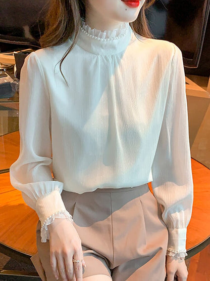 Spring Long Sleeve Blouse Women Blusas Mujer De Moda 2022 Stand Collar Chiffon Blouse Shirt Women Tops Blouses Femme Blusa E85