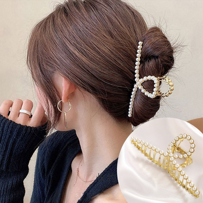 Pearl Hair Claw Set Clip for Women Gold Color Hairpins Metal Hair Accessories Geometric Hollow Pincer Barrette Crystal Clip Big