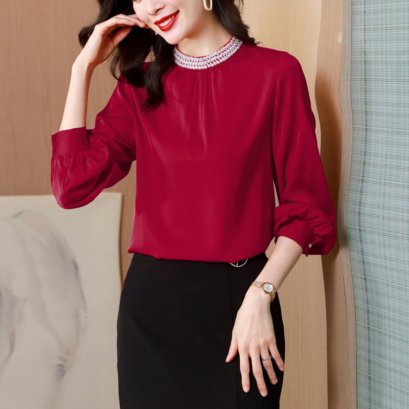 Blusas Mujer De Moda 2022 Beading Stand Collar Blouse Shirt Long Sleeve Red Chiffon Blouse Women Blouses Women Tops Shirts F378