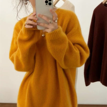 European goods autumn winter new round neck cashmere sweater female thick languid lazy wind dark gray sweater loose knit sweater