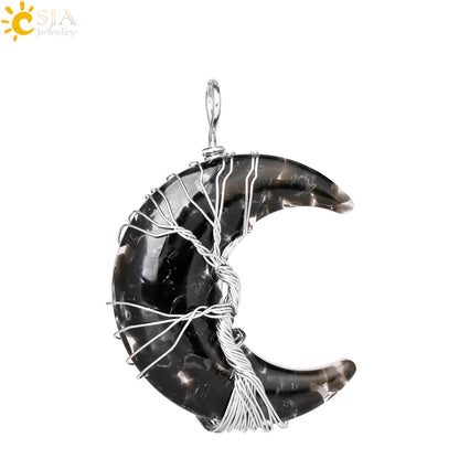 7 Chakras Tree of Life Necklace Wire Wrap Crescent Moons Crystal Pendants Chip Quartz Natural Stone Resin Stainless Steel G931