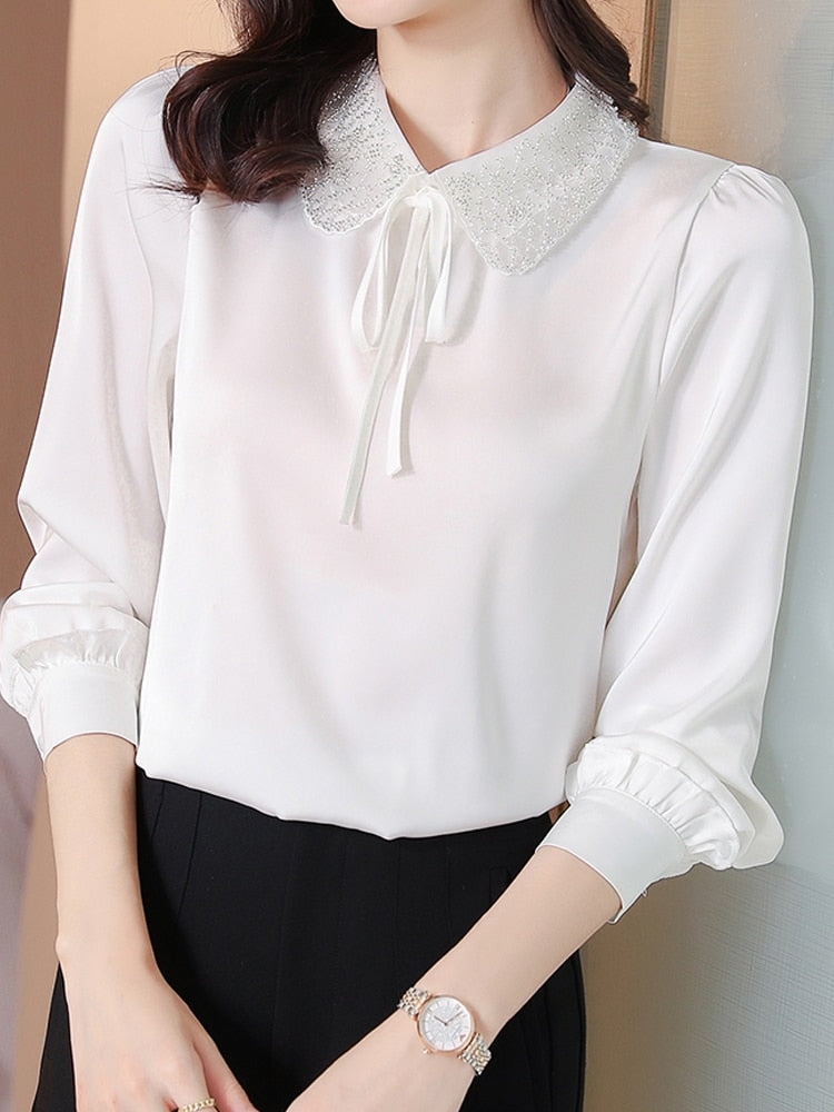 Long Sleeve Blouse Women Beading White Chiffon Blouse Shirt Women Tops Blusas Mujer De Moda 2022 Blouses Femme Women Shirts F470