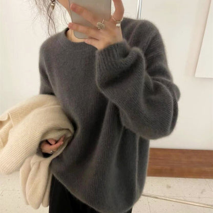 European goods autumn winter new round neck cashmere sweater female thick languid lazy wind dark gray sweater loose knit sweater