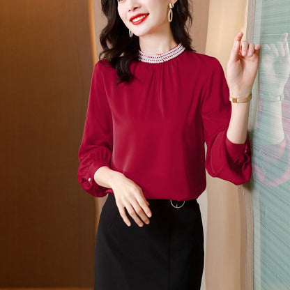 Blusas Mujer De Moda 2022 Beading Stand Collar Blouse Shirt Long Sleeve Red Chiffon Blouse Women Blouses Women Tops Shirts F378