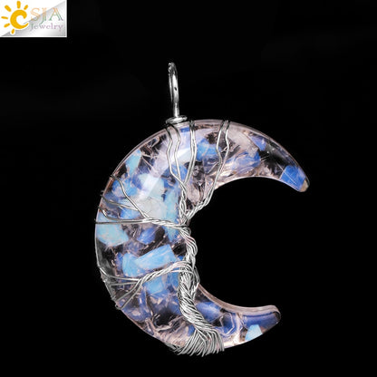 7 Chakras Tree of Life Necklace Wire Wrap Crescent Moons Crystal Pendants Chip Quartz Natural Stone Resin Stainless Steel G931